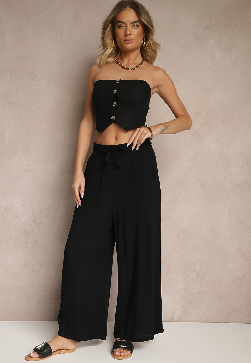 Czarne Szerokie Spodnie z Wiskozy ze Sznurkiem Natisetia