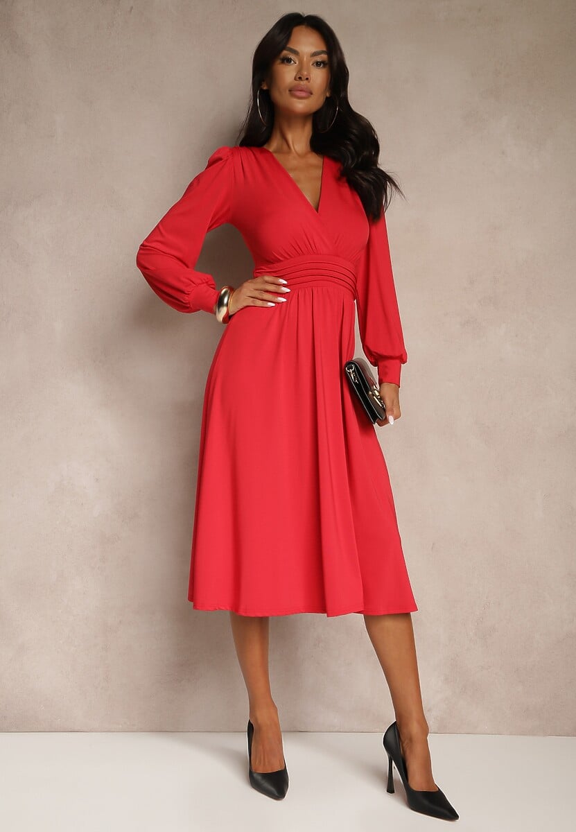 Czarna Sukienka z Wiskozą o Rozkloszowanym Kroju z Kopertową Górą Seliane