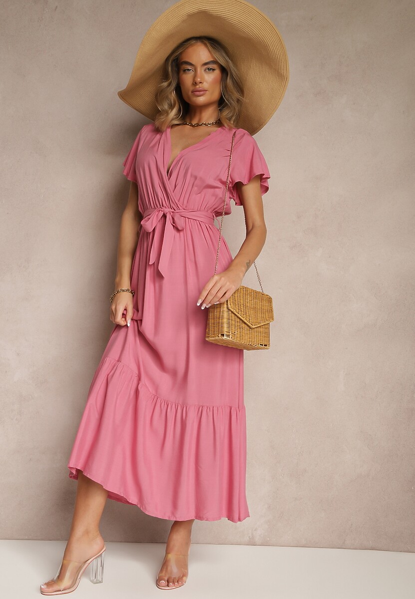 Różowa Kopertowa Sukienka z Wiskozy Ozdobiona Paskiem Savioneira