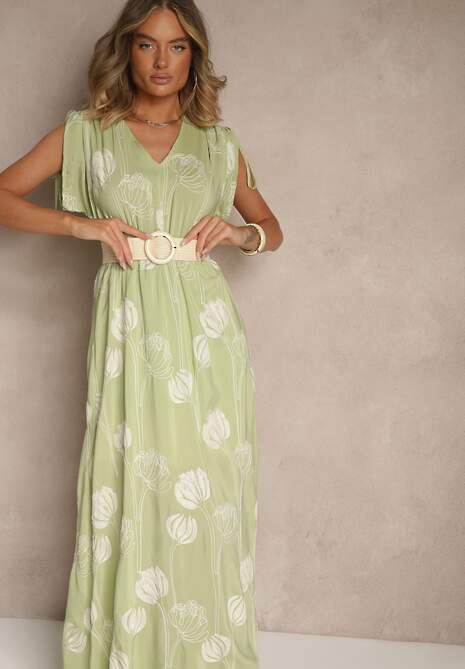 Zielona Sukienka z Wiskozy Ozdobiona Haftami Lumamire