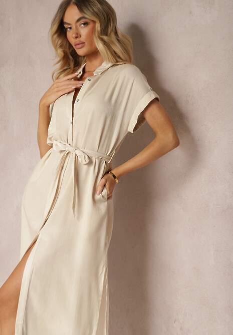 Beżowa Koszulowa Sukienka z Rozcięciem Zapinana na Guziki Wiązana Materiałowym Paskiem Nestarina