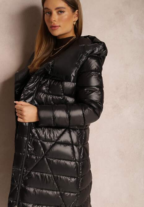 Czarna Kurtka za Kolano z Wiązanym Paskiem i Kapturem Feome