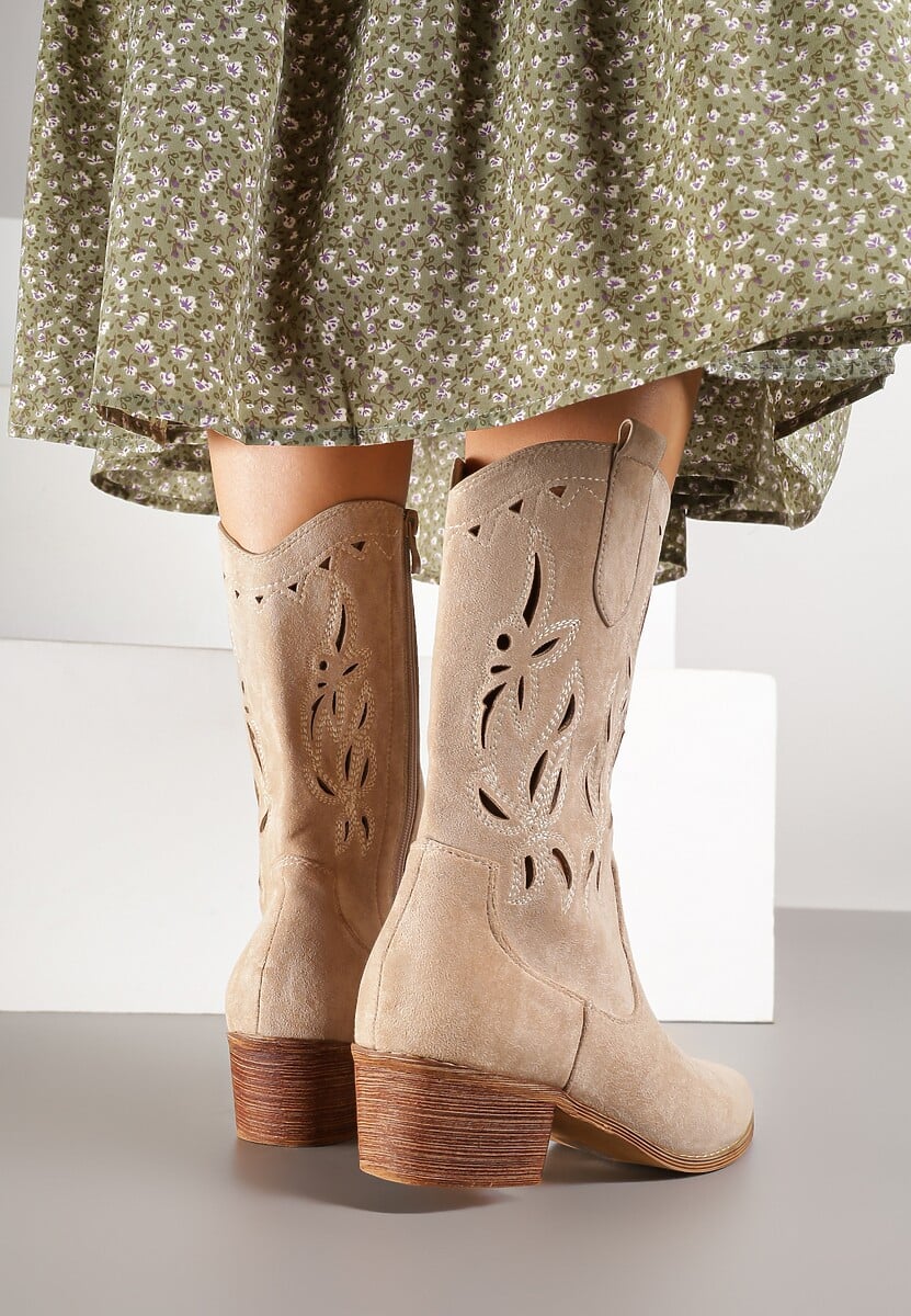 Beżowe Botki Vices na Słupku Kowbojki z Ażurową Cholewką Rivori
