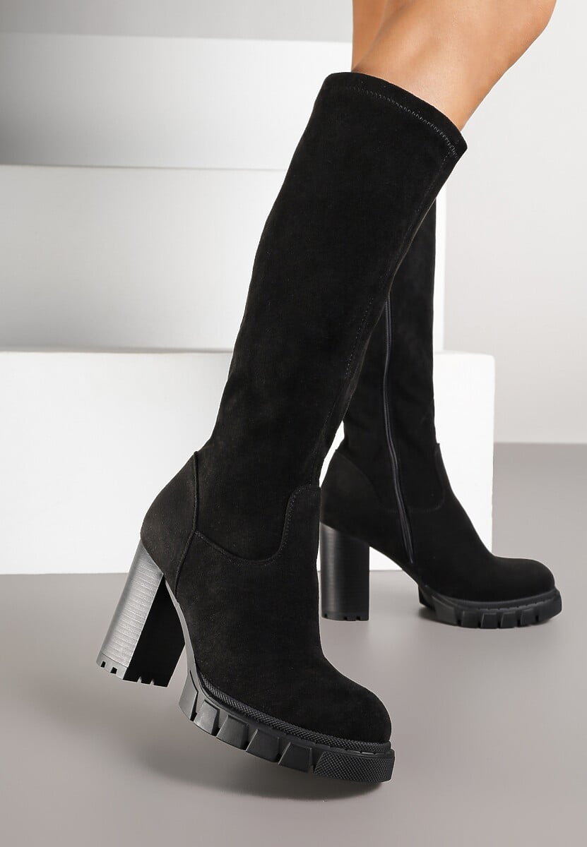 Czarne Kozaki z Imitacji Zamszu na Obcasie Typu Słupek Rilaresa