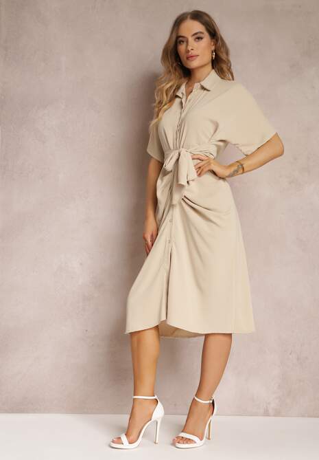 Beżowa Sukienka Koszulowa Wiązana z Przodu z Marszczeniem Raimona