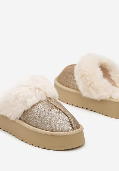 Złote Brokatowe Kapcie na Platformie Ozdobione Futerkiem Innavellea