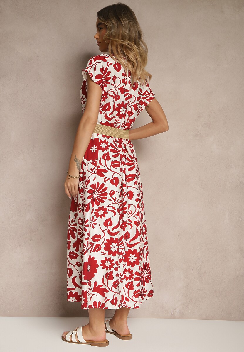 Czerwona Rozkloszowana Sukienka z Wiskozy z Paskiem z Klamrą Zarenele