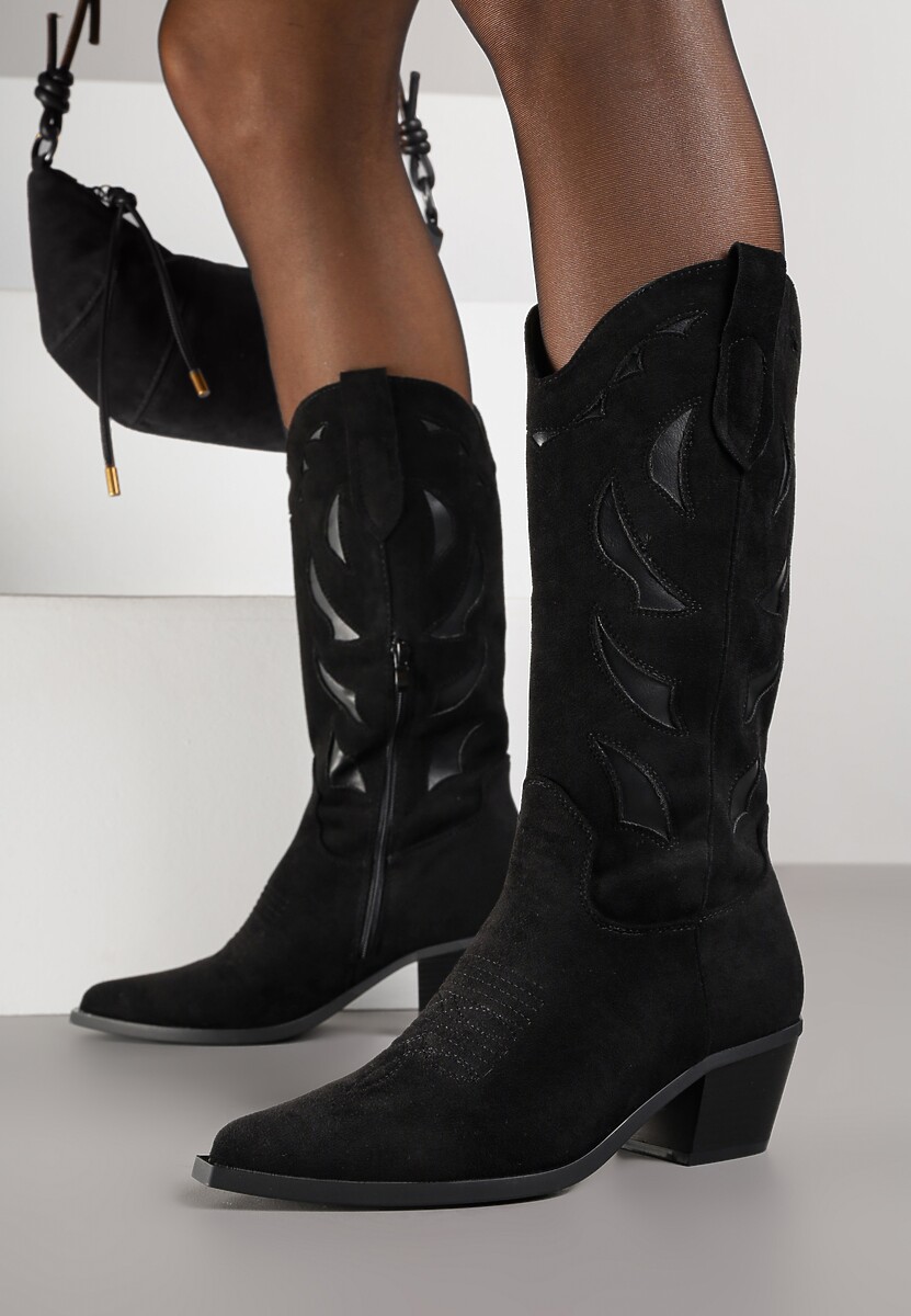 Czarne Botki na Stożku w Stylu Kowbojek Ozdobione Geometrycznym Motywem Latiresa