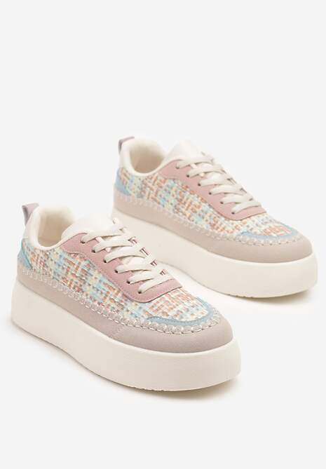 Beżowo-Różowe Sneakersy na Platformie Ozdobione Plecionką Nilaraviela