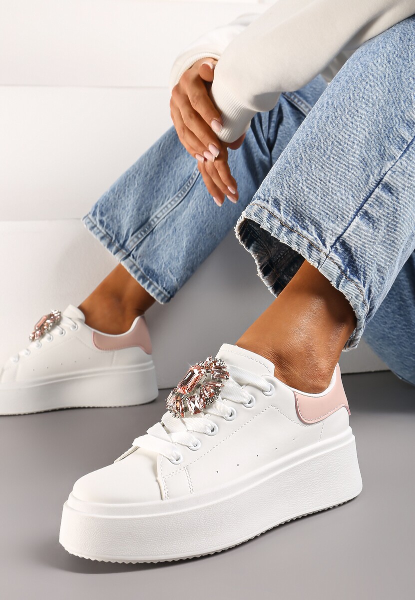 Biało-Zielone Sneakersy na Grubej Podeszwie z Ozdobną Aplikacją Kamienia  Danthia