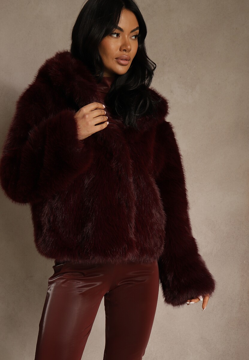 Bordowa Kurtka Futerko z Nieodpinanym Kapturem Vetisala