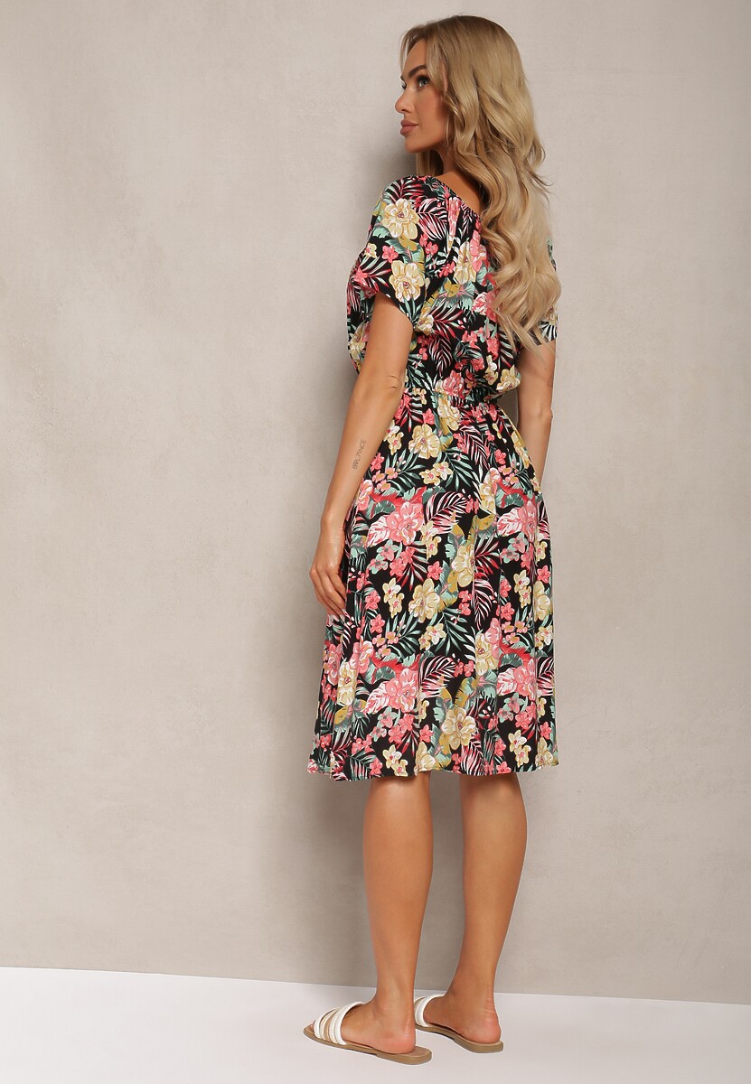 Czarn-Różowa Sukienka z Bawełny w Kwiatowy Print Dimizama