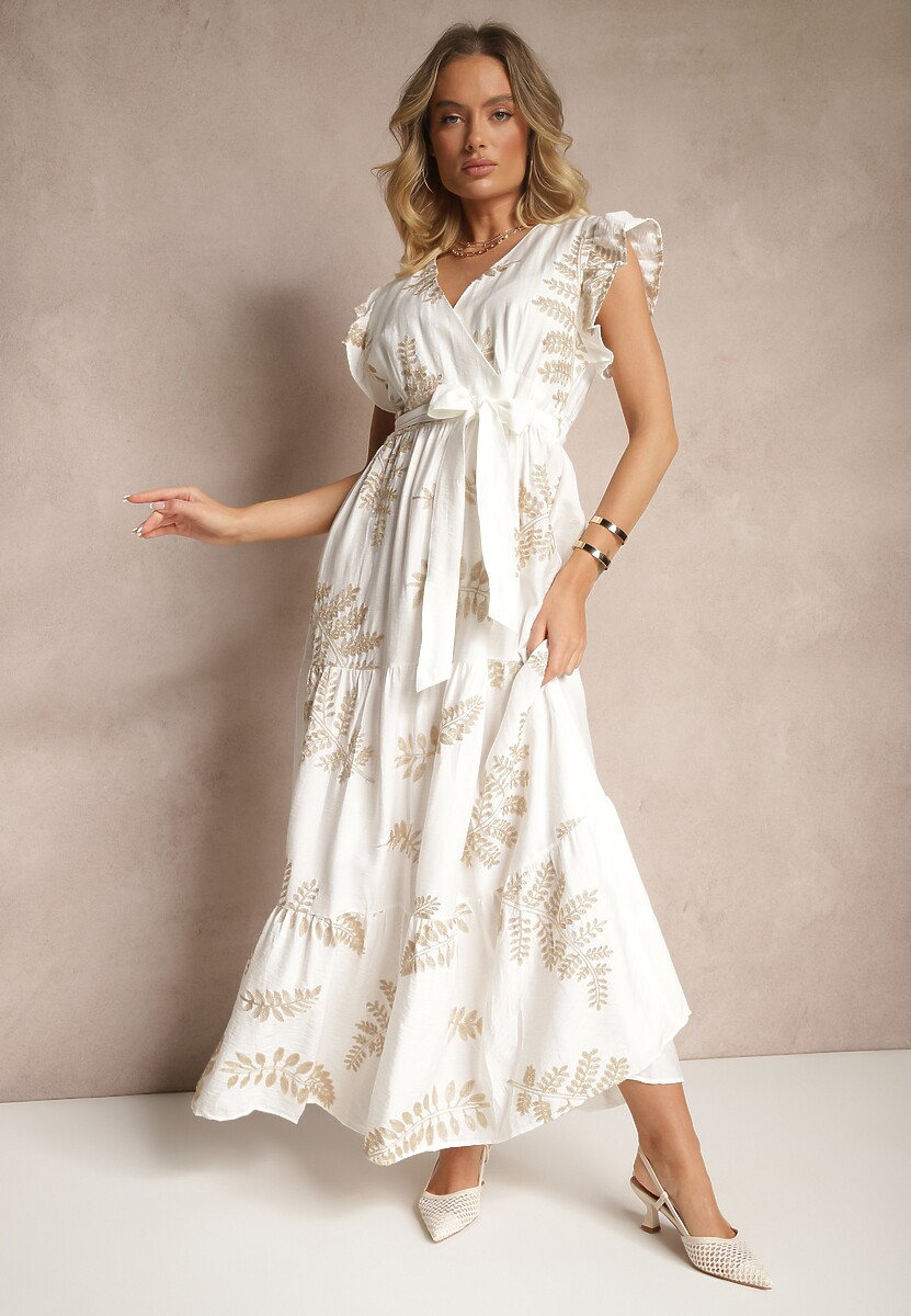 Beżowa Sukienka z Wiskozy z Ozdobnym Haftem i Metaliczną Nicią Grelvesa