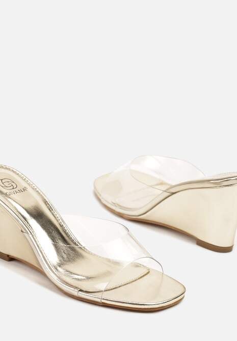 Złote Klapki na Koturnie z Transparentną Cholewką Arozia