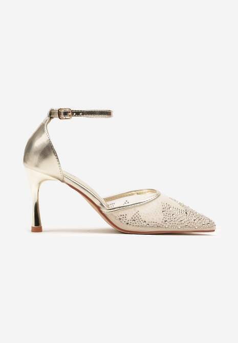 Złote Sandały Szpilki z Siateczkowym Noskiem w Szpic Zdobionym Cyrkoniami Alirenda