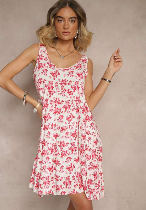 Biało-Różowa Bawełniana Sukienka o Rozkloszowanym Kroju w Kwiaty Anniliane