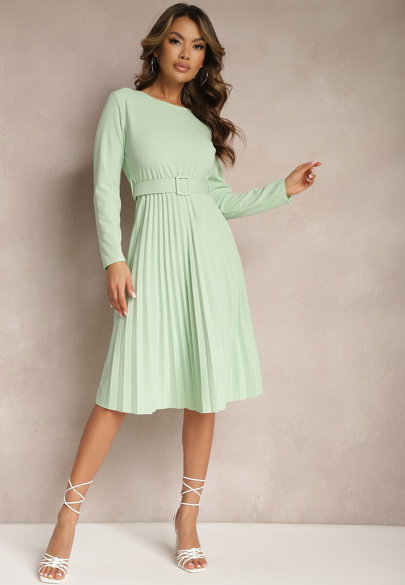 Zielona Plisowana Sukienka Midi z Paskiem w Talii Pailomena