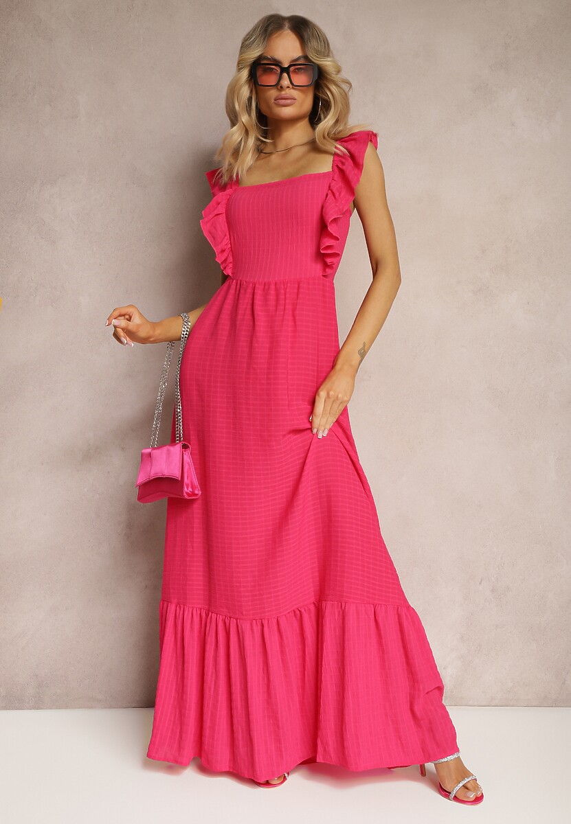Fuksjowa Sukienka z Wiązaniem na Plecach na Ramiączkach z Falbankami i Gumką w Pasie Rollas