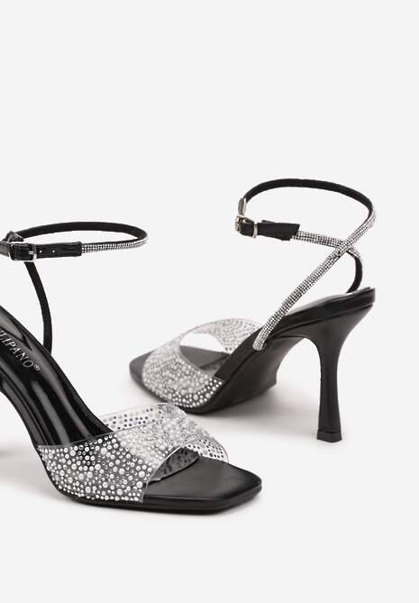Czarne Sandały na Szpilce z Cyrkoniami i Przezroczystą Cholewką Fidanalia