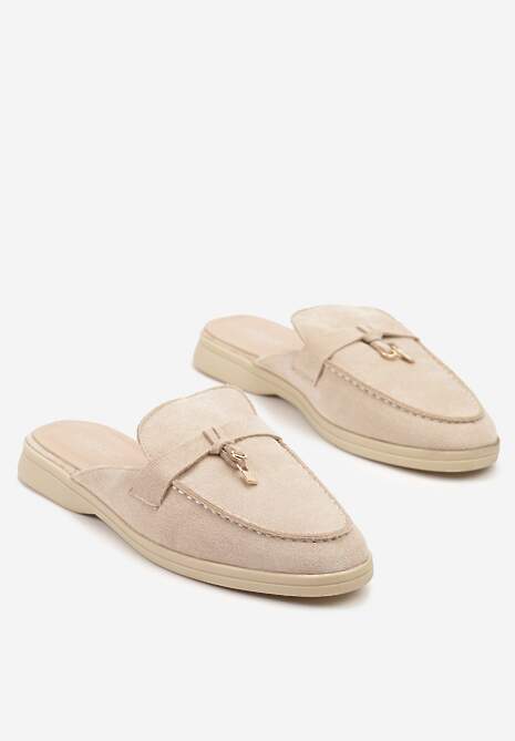 Beżowe Klapki Mule Ozdobione Metaliczną Aplikacją Sepirella