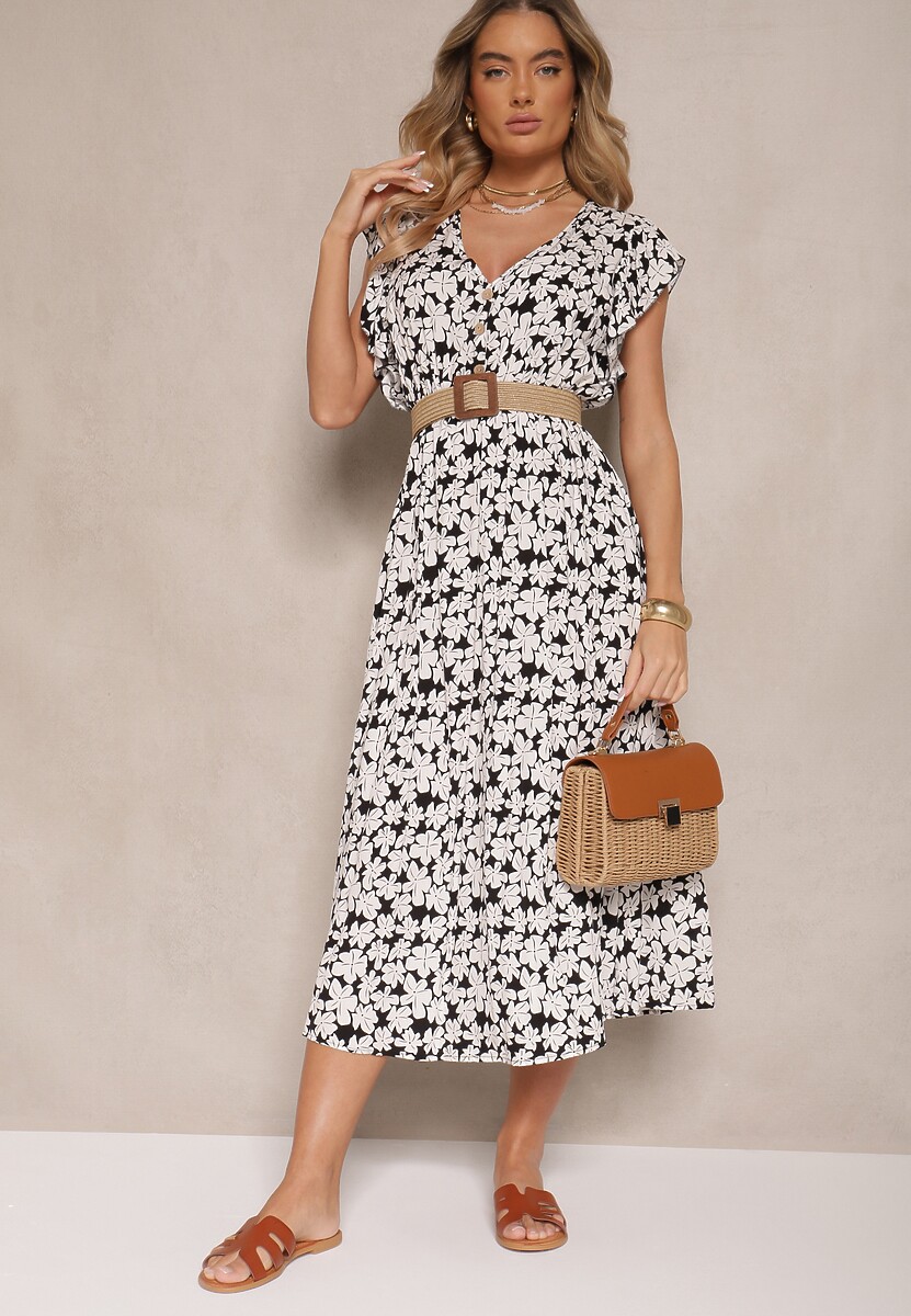 Czarna Rozkloszowana Sukienka z Bawełny w Kwiatowy Wzór z Gumką w Talii Alaniria