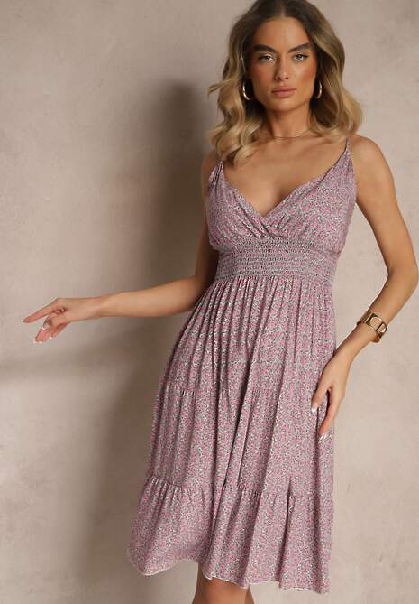 Różowa Rozkloszowana Sukienka na Ramiączkach z Bawełny w Kwiatowy Print Miralessa