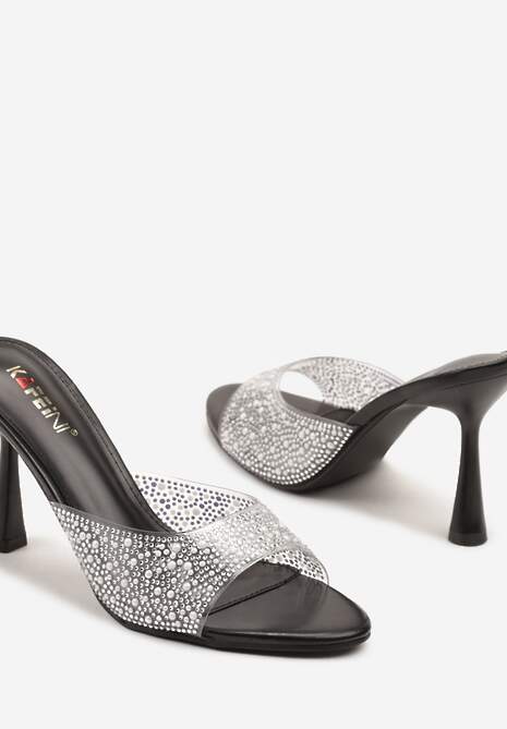Czarne Przezroczyste Klapki na Szpilce z Cyrkoniami Nelfia