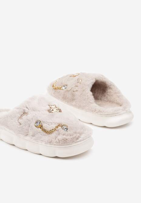 Ciemnobeżowe Kapcie na Płaskiej Podeszwie z Cyrkoniami i Aplikacjami Merivies