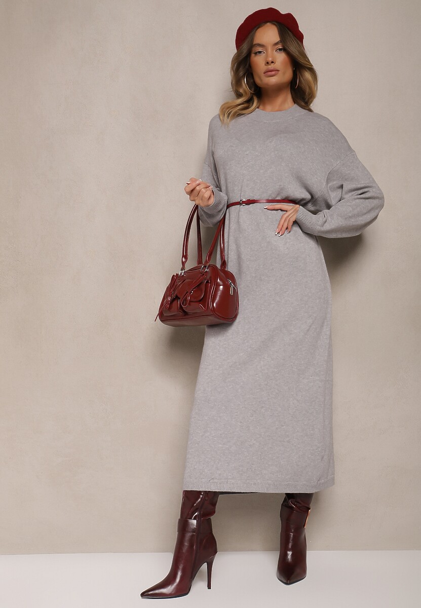 Szara Pudełkowa Sukienka z Dzianiny z Wiskozą Maziala