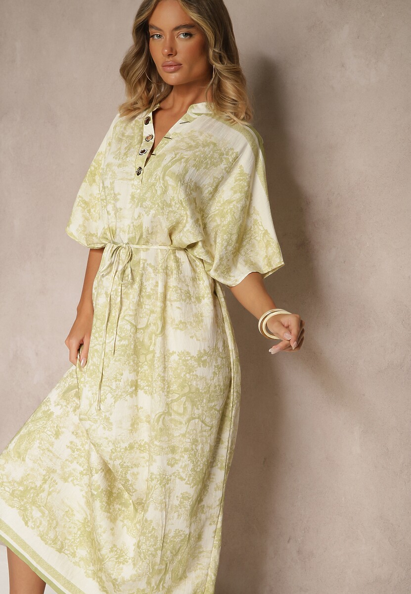 Zielona Sukienka Oversize z Wiskozą i Abstrakcyjnym Motywem Lunisana