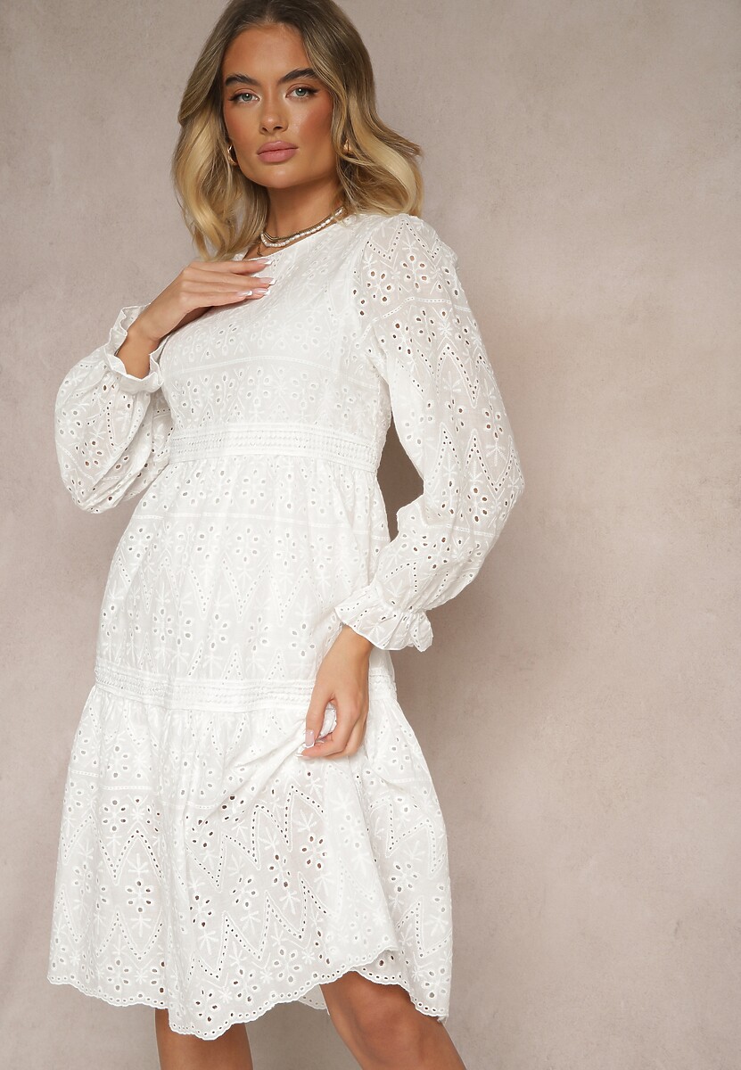 Biała Bawełniana Sukienka z Ażurowym Wzorem Ridittia