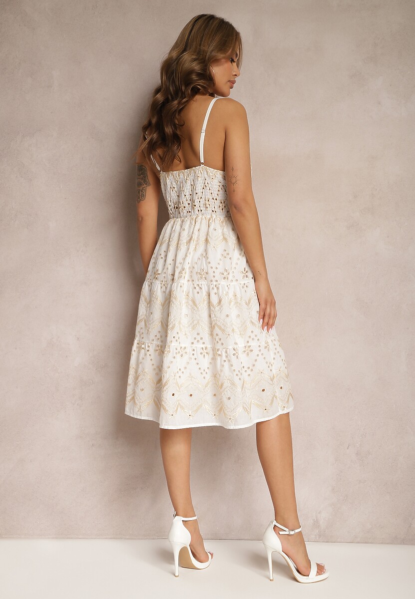 Beżowa Bawełniana Sukienka w Stylu Koktajlowym z Ażurowym Haftem Coira