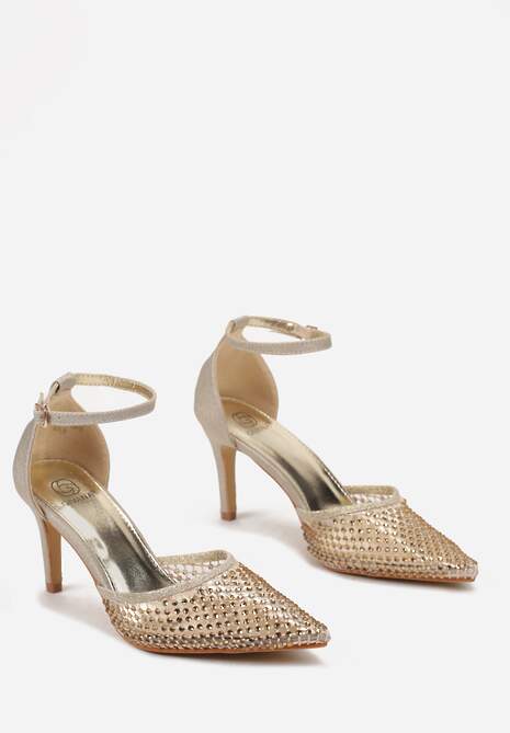 Złote Sandały na Szpilce ze Szpiczastym Noskiem z Siateczką w Cyrkonie Lioffa
