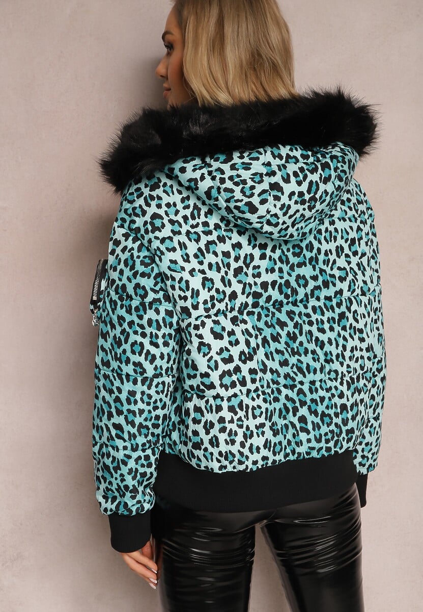 Jasnozielona Pikowana Kurtka w Panterkę z Kapturem i Ozdobną Saszetką Sadeve