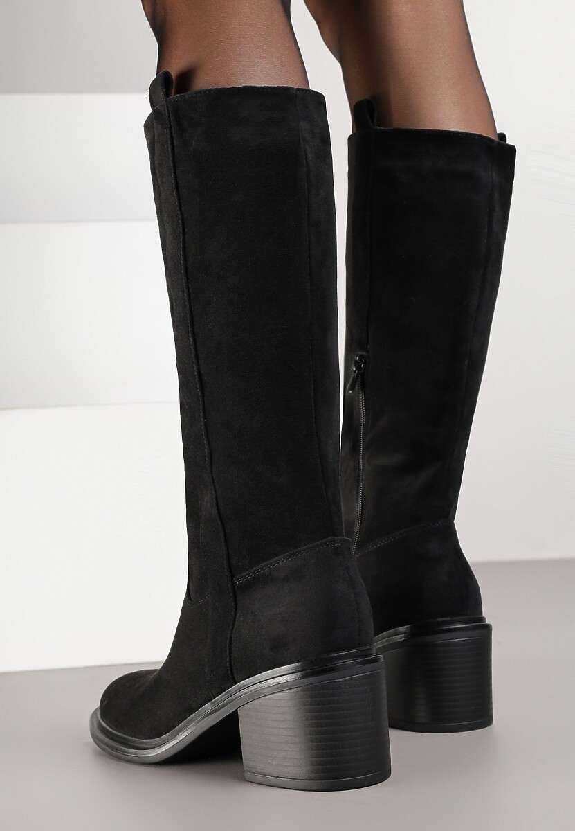 Czarne Kozaki Oficerki Vices na Obcasie Zdobione Paskami przy Cholewce Giorela