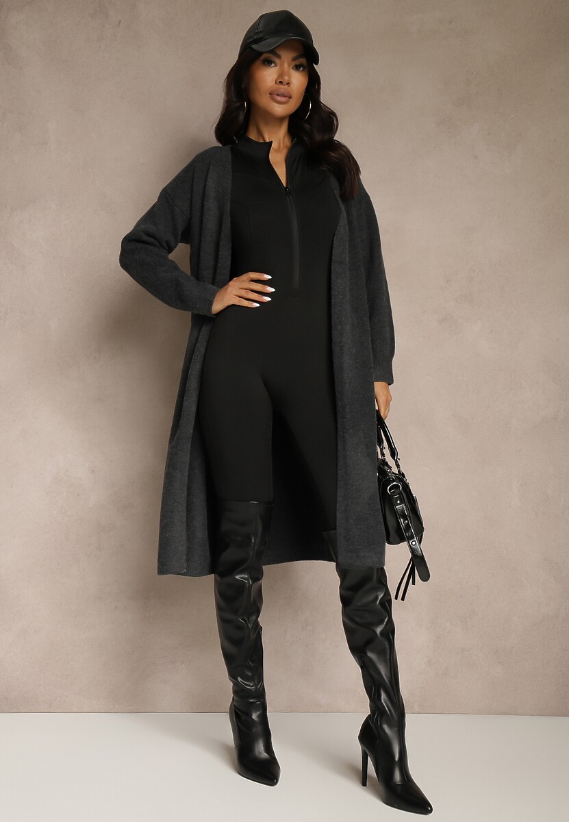 Ciemnoszary Niezapinany Kardigan z Wełną o Długim Kroju Mevidalla