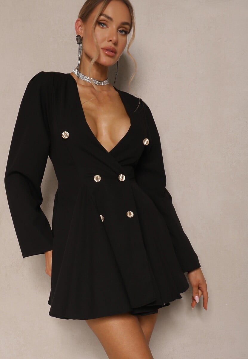 Biała Rozkloszowana Sukienka o Fasonie Marynarki z Ozdobnymi Guzikami Florlio