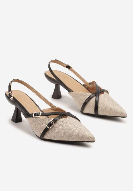 Beżowo-Czarne Sandały Czółenka na Kaczuszce z Noskiem w Szpic i Odkrytą Piętą z Klamerką Arivissa