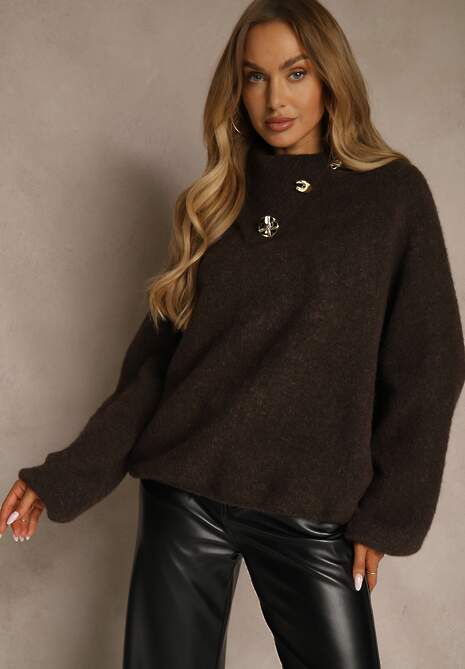 Brązowy Golf Oversize z Wełną Ozdobiony Guzikami Videsa