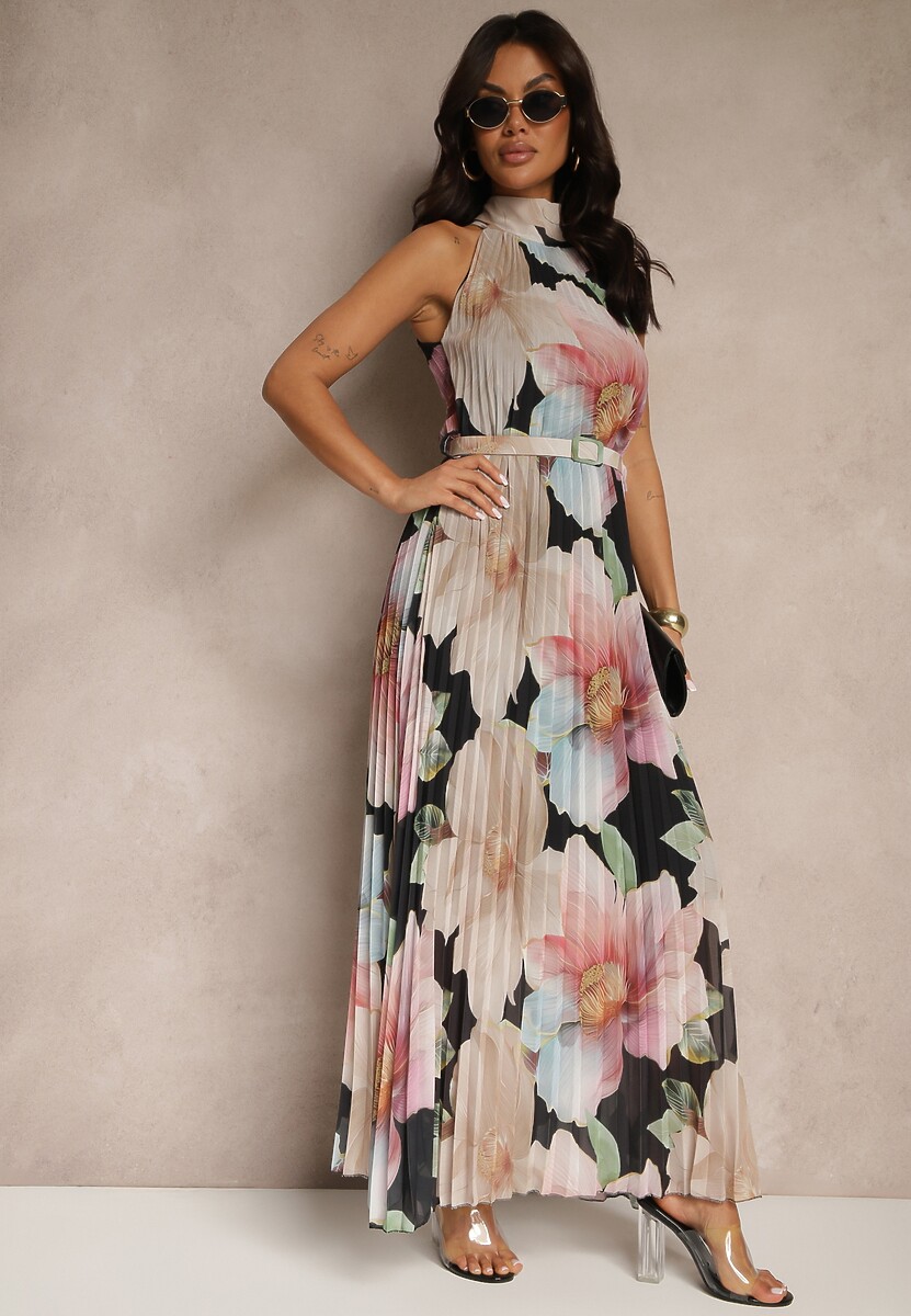 Czarna Plisowana Sukienka z Wiązaniem i Paskiem z Klamrą Nitolia