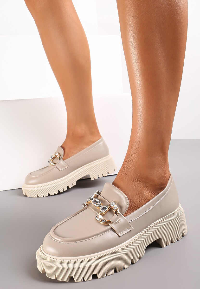 Ciemnobeżowe Mokasyny na Platformie z Klamerką Arucja