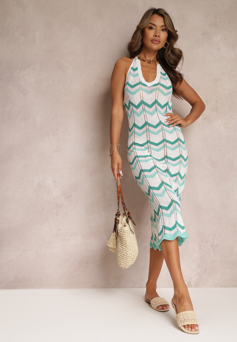 Biało-Zielona Plażowa Sukienka Midi Wiązana na Szyi i Plecach Lacenila