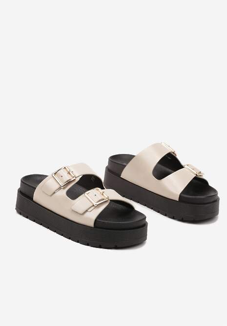 Jasnobeżowe  Klapki na Platformie z Paskami ze Sprzączkami Kaliora