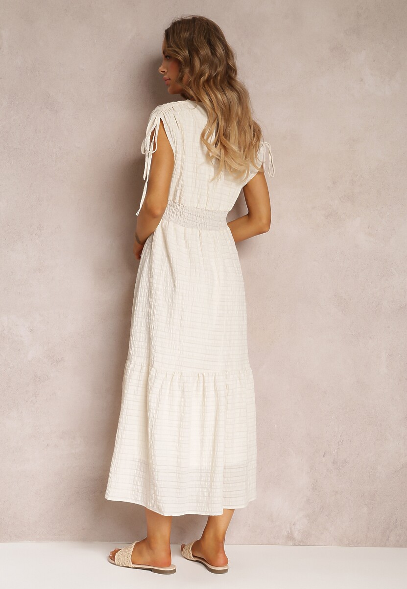 Beżowa Sukienka Rozkloszowana z Trójkątnym Dekoltem Thamefa