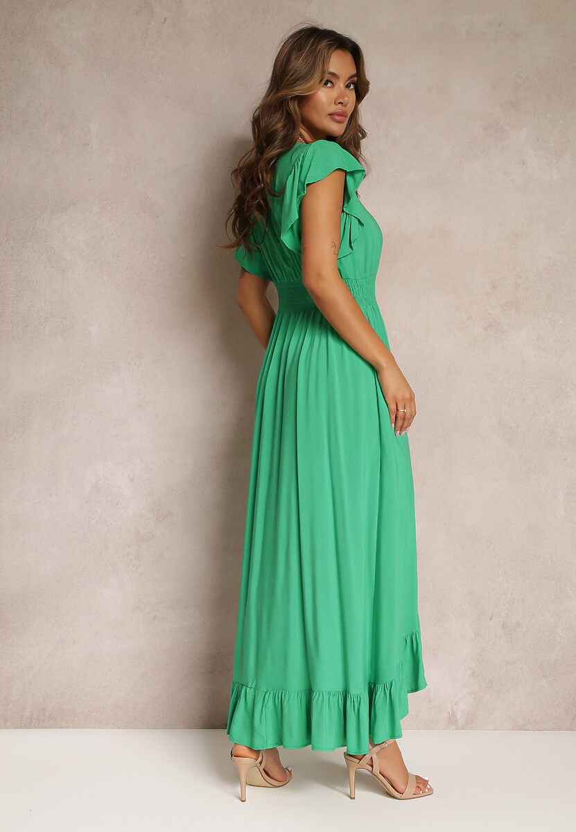 Zielona Kopertowa Sukienka z Wiskozy Ozdobiona Falbanką Carnovie