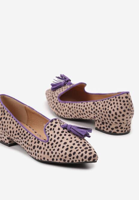 Beżowo-Fioletowe Czółenka Mokasyny na Słupku Ozdobione Frędzlami i Kropkami Bianath