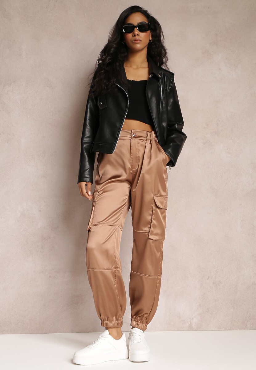 Ciemnobeżowe Spodnie Joggery z Kieszeniami Cargo na Rzep Jeandal