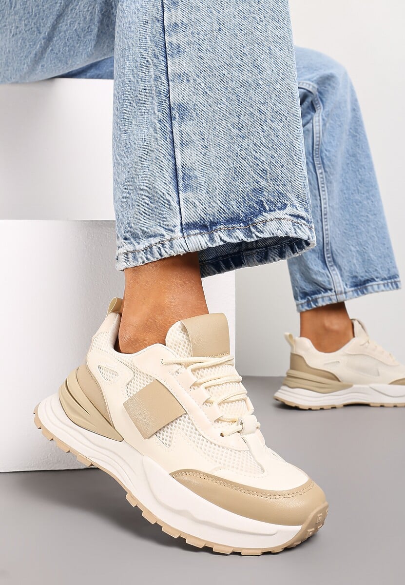 Ciemnobeżowe Sneakersy z Elastycznym Sznurowaniem i Siateczką Lenivla