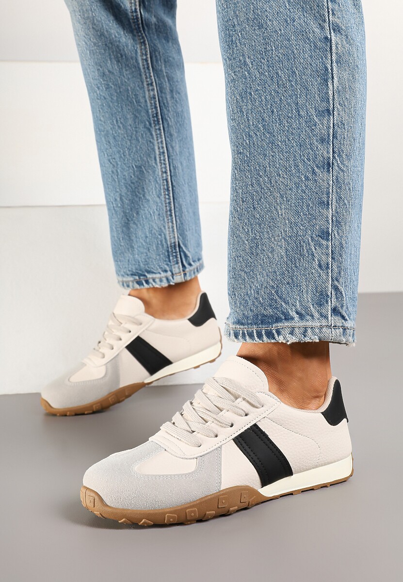 Beżowo-Czarne Sneakersy Ozdobione Paskami Ilanlin