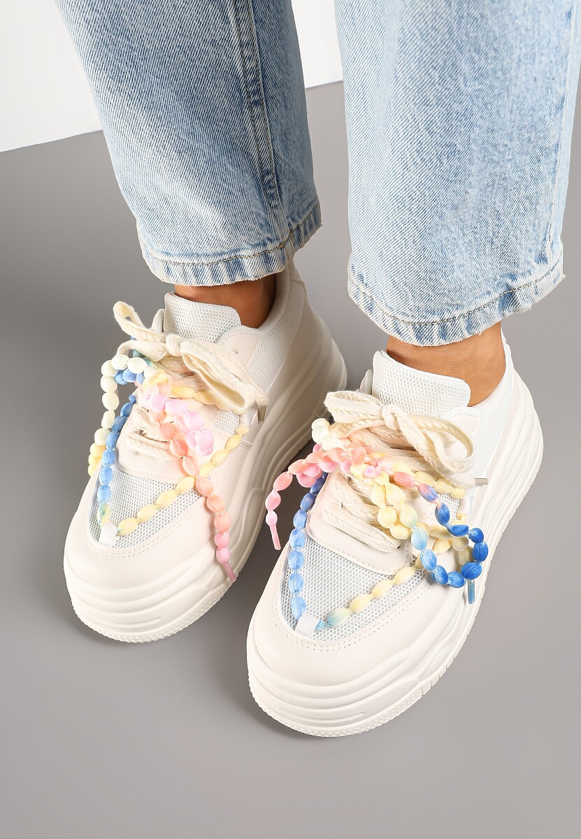 Beżowe Sneakersy na Platformie z Koralikami Amovanna